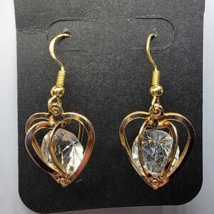 Clear Rhinestone in Gold Heart Cage Earrings Handmade Hypoallergenic